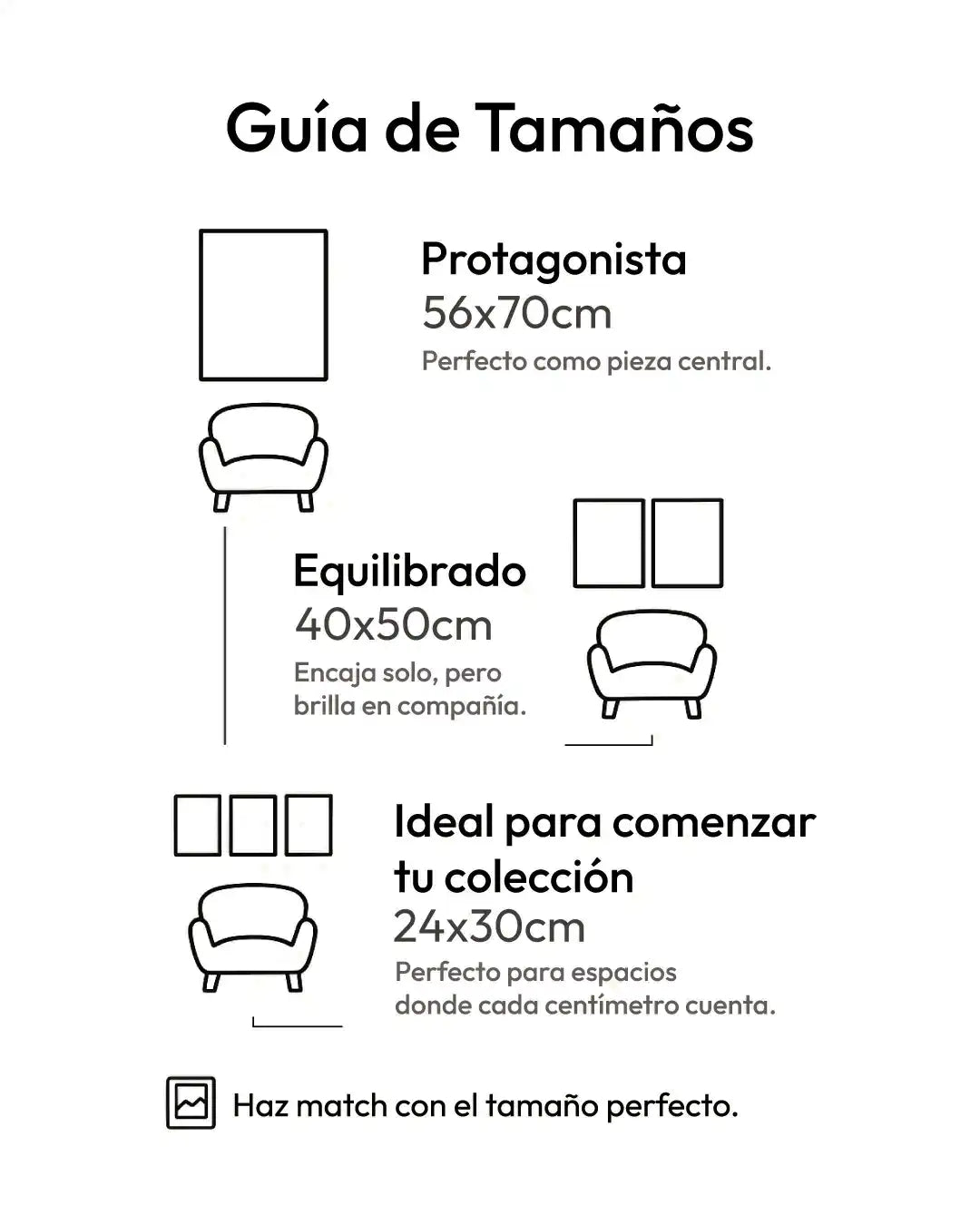 Guía visual de tamaños de cuadros decorativos para pared, ideal para comparar medidas